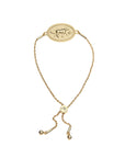 Gold chain bracelet features oval coin with a horse and star as well as adjustable slider