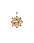 Gold coin pendant with lion design with pink and green tourmaline stones on the border (front)