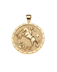 Gold coin pendant features a rearing horse and flower motifs