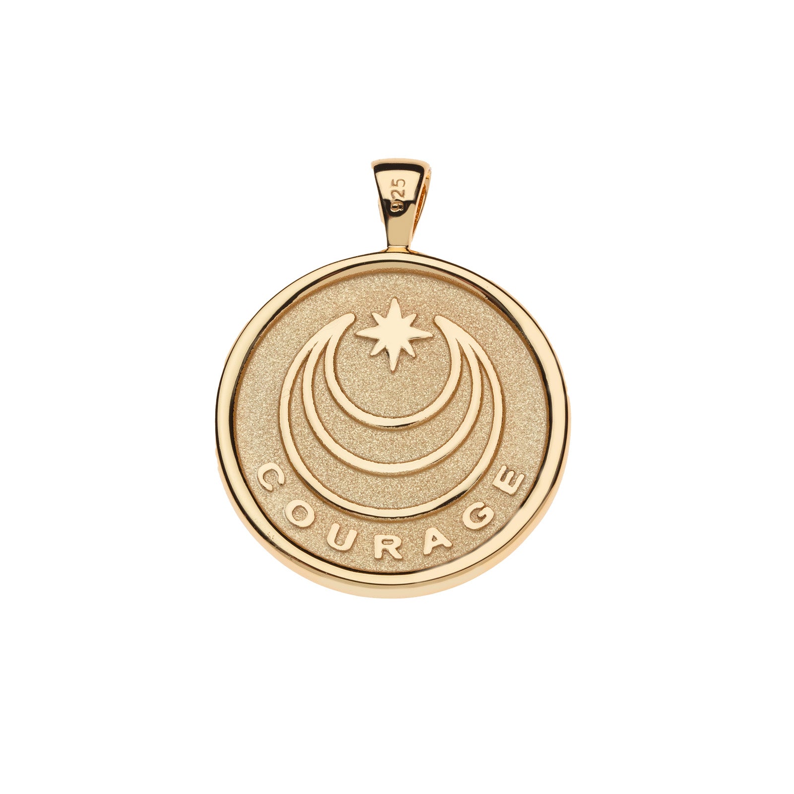 Back of gold coin pendant features moon and star logo and the word COURAGE