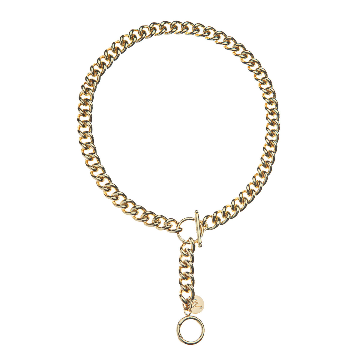 Gold curb chain lariat necklace with t-bar clasp