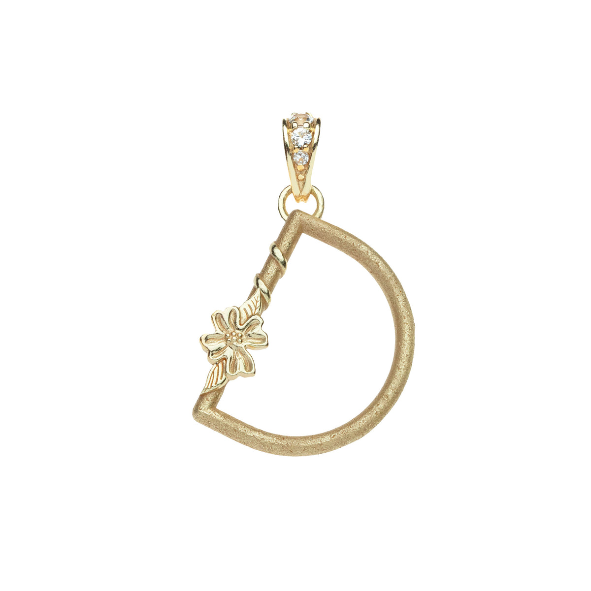 Gold letter D pendant with flower detail and white topaz accents on the bail
