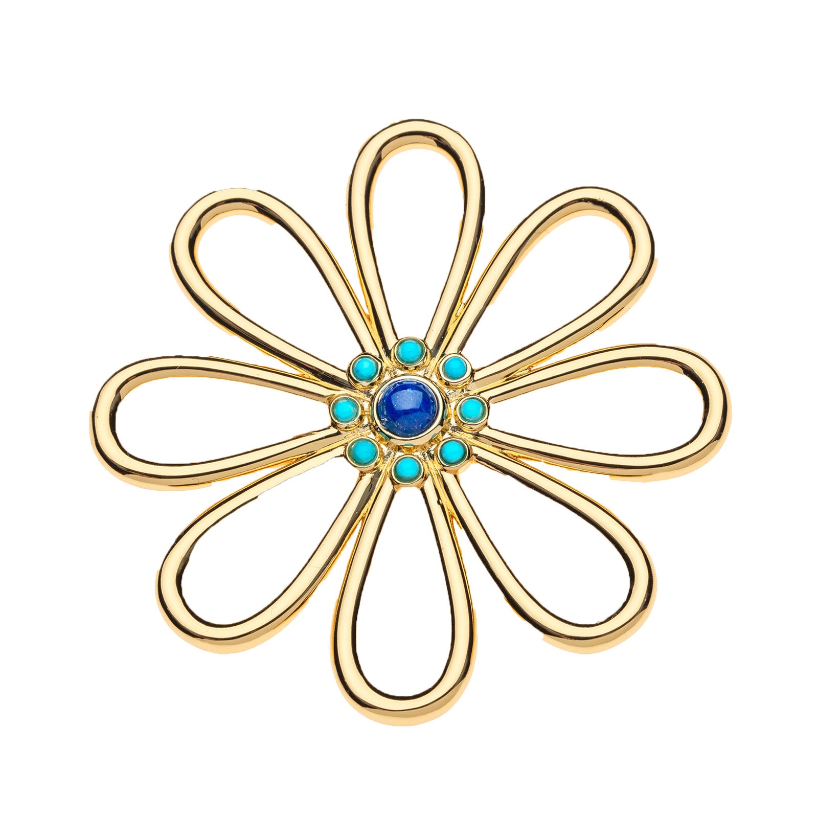 Gold daisy pendant features cutout petals and center of lapis with turquoise border