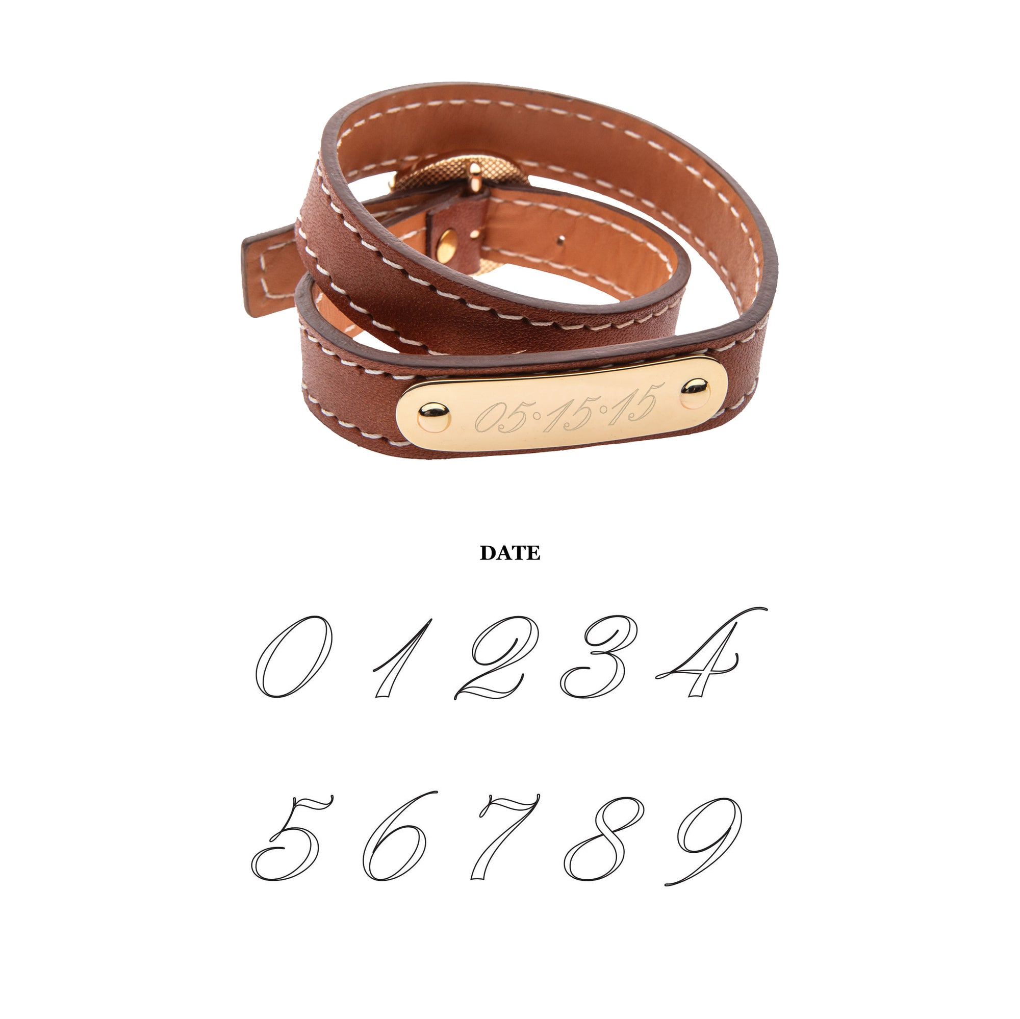 Brown leather double wrap bracelet with date engraving option