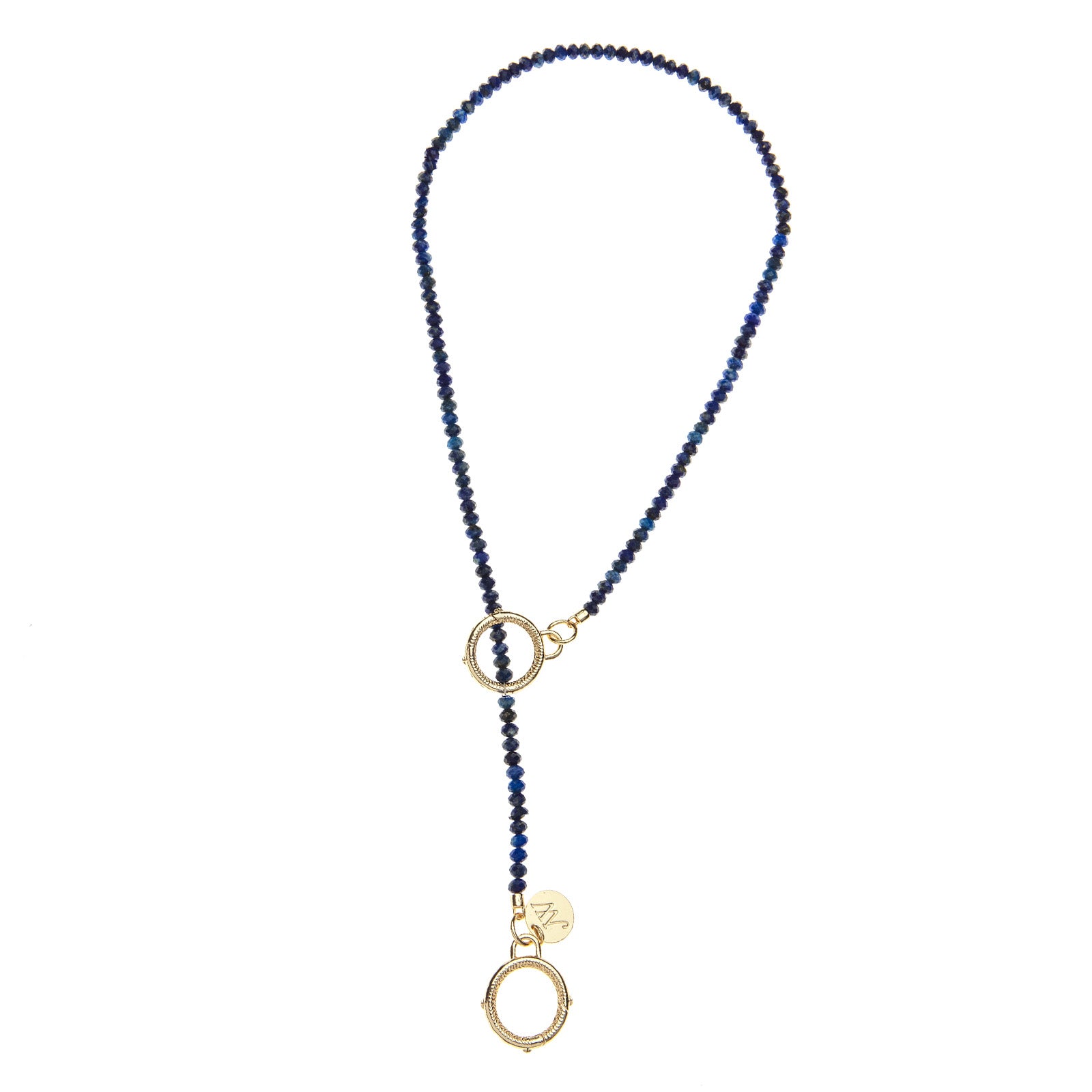Lapis beaded lariat necklace with gold clasps