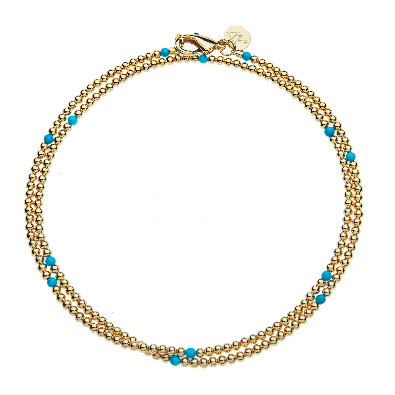 Beaded double wrap necklace features gold beads with a few pops of turquoise beads throughout