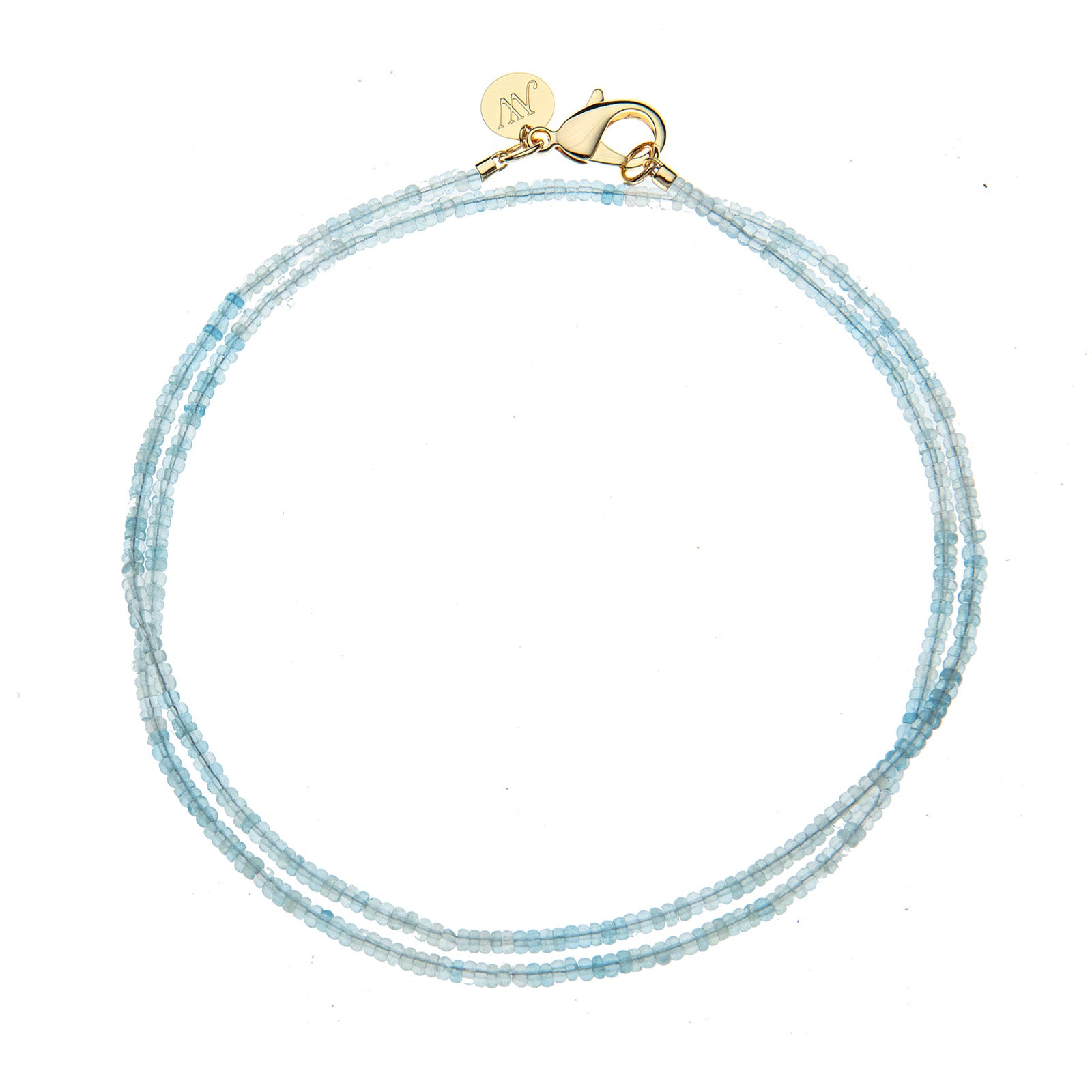 Double wrapped aquamarine beaded necklace with oversized gold lobster clasp