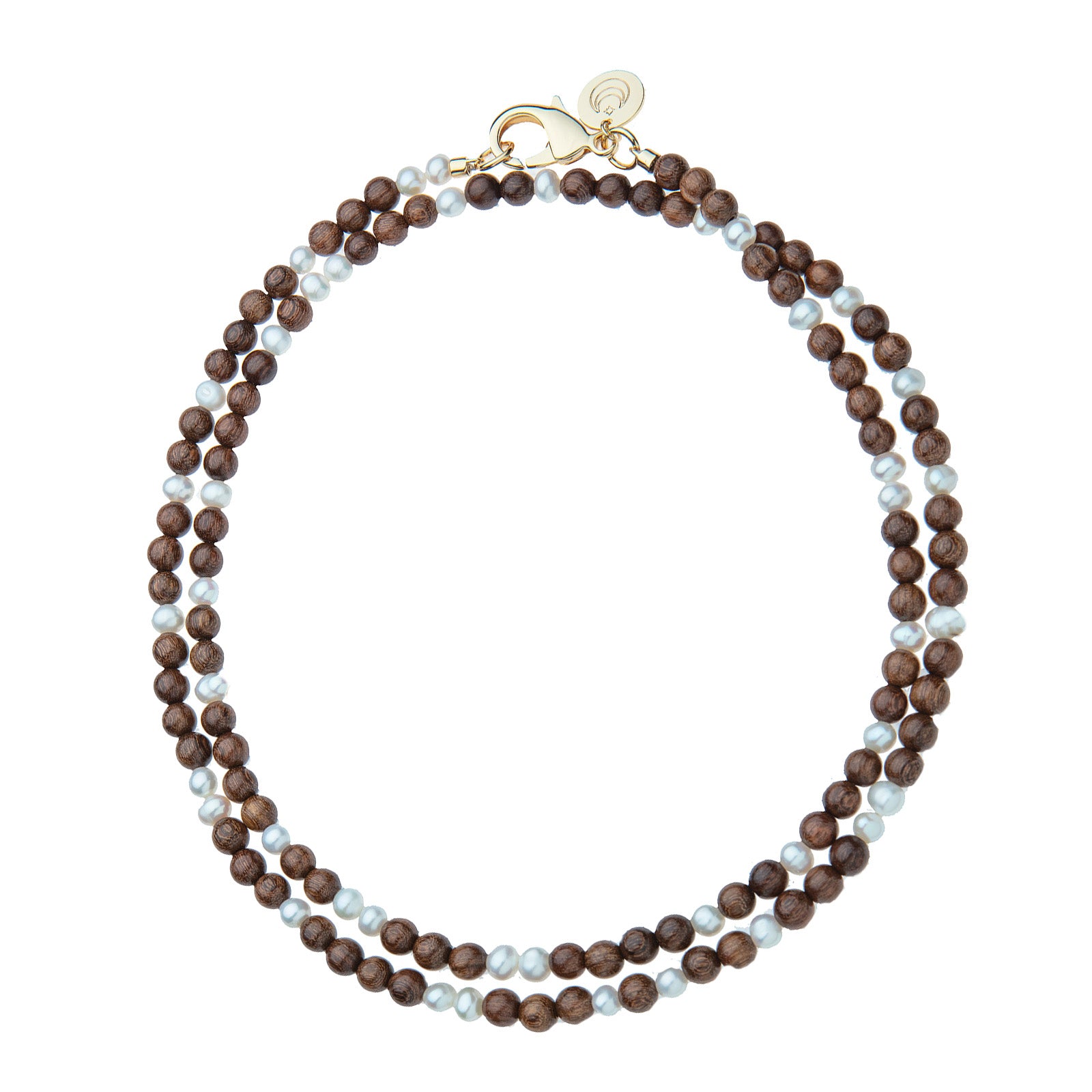 Double wrap beaded necklace features round wooden beads with pearl bead interspersed throughout. Necklace has oversized gold lobster clasp