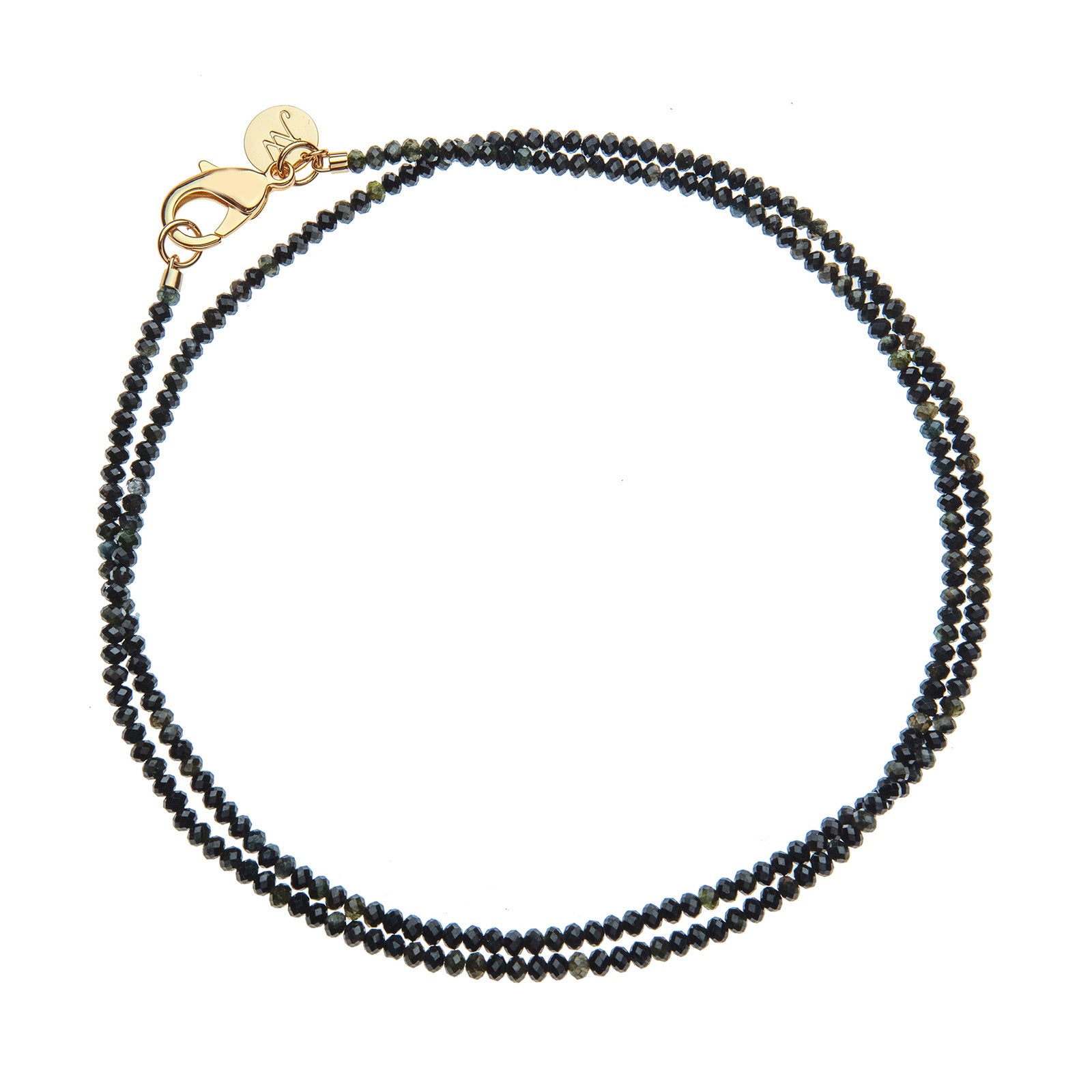 Black agate beaded necklace with oversized gold lobster clasp shown double wrapped