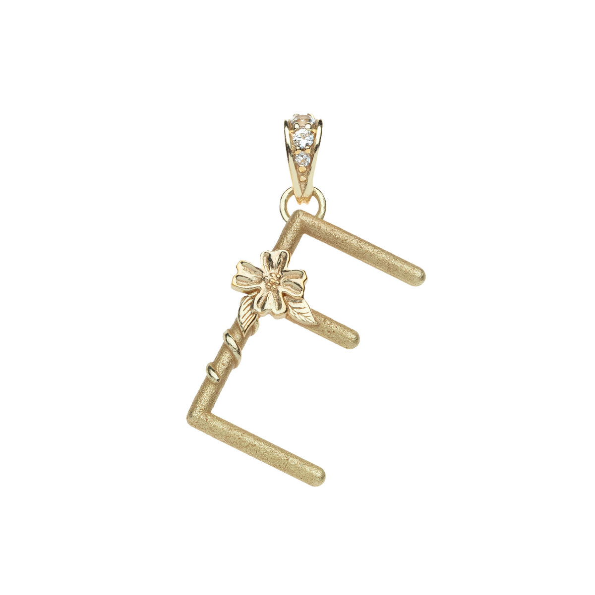 Gold letter E pendant with flower detail and white topaz accents on the bail