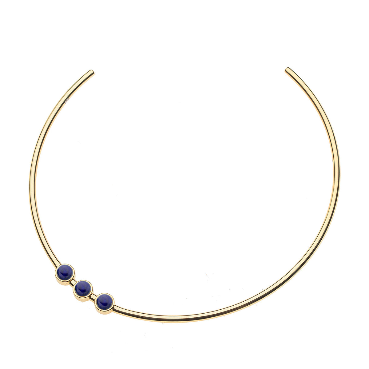 Gold neck cuff with three lapis cabochons sitting off center