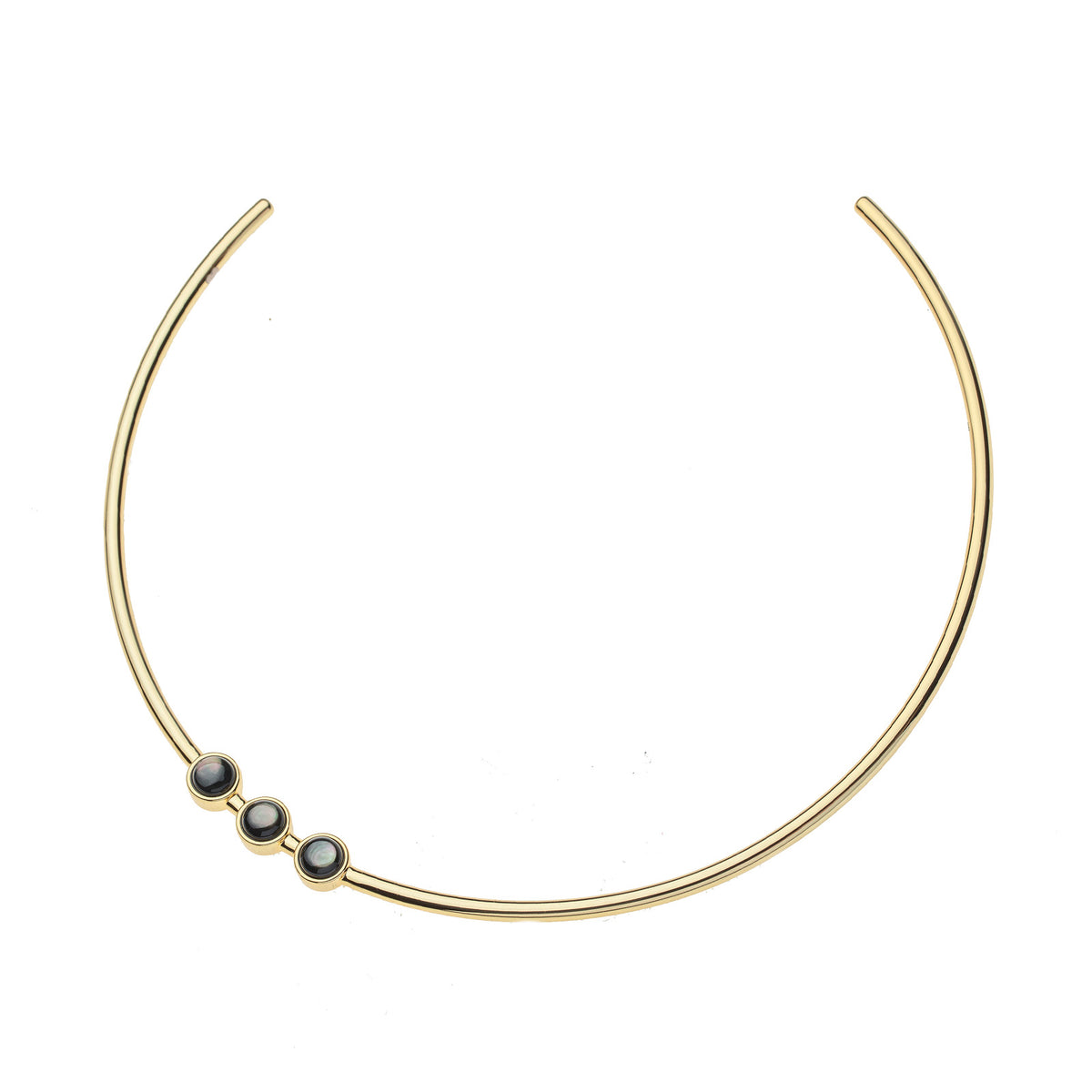 Gold neck cuff featuring 3 black mother of pearl cabochons that sit off center
