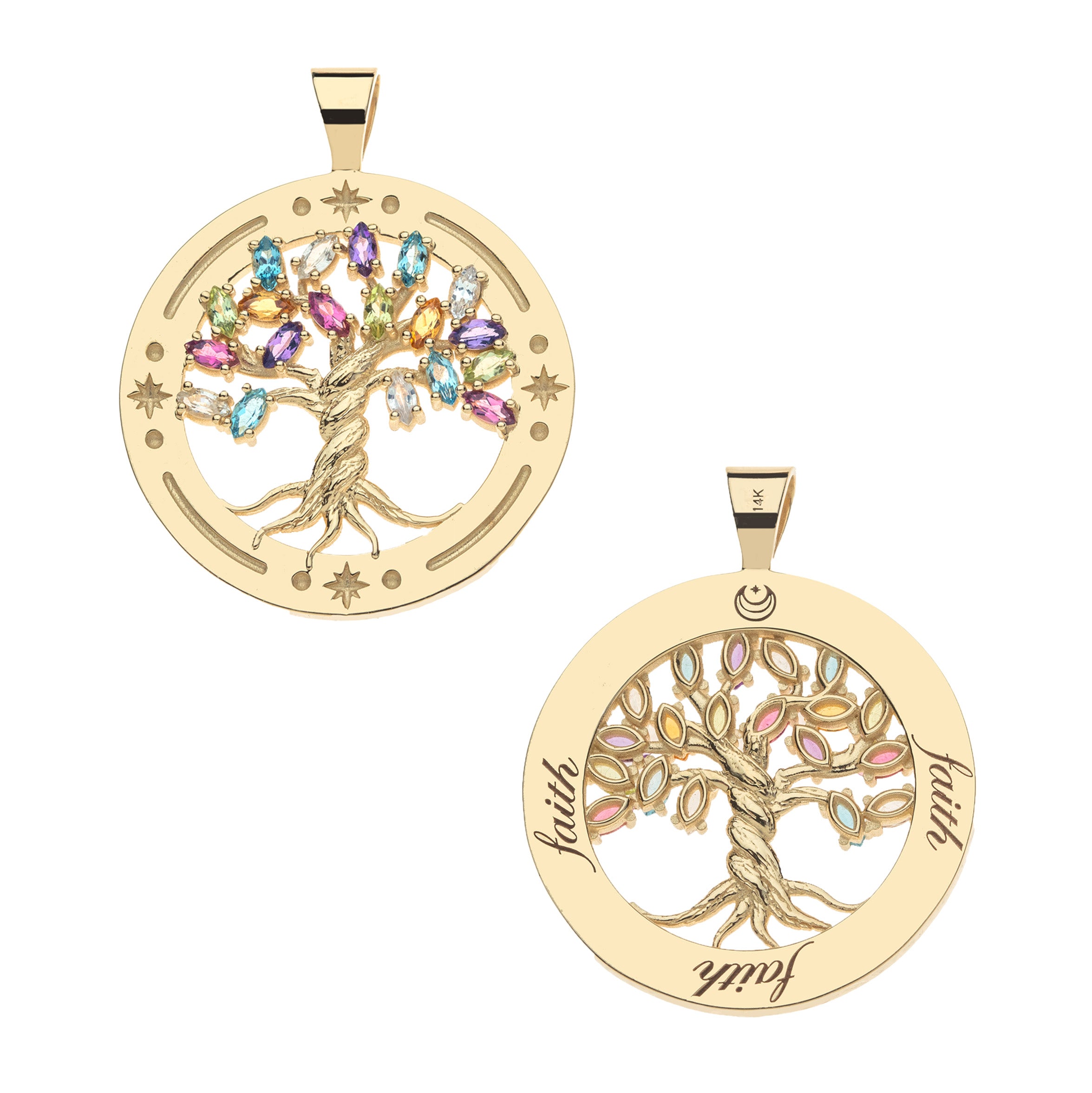 Multi Faith Tree FAITH Tree of Life Pendant in Solid Gold with Multicolored Stones ...