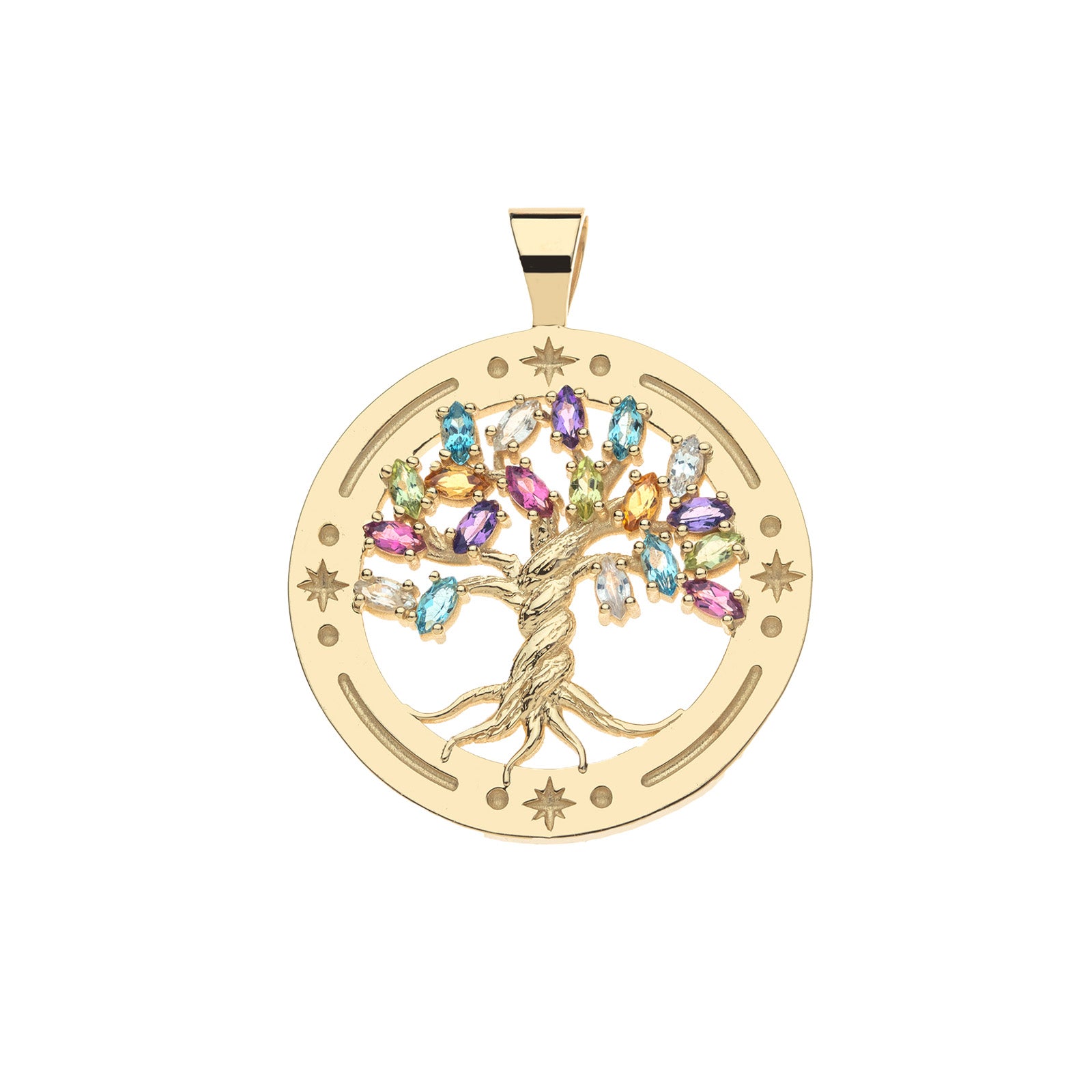 Gold cutout coin features tree of life with leaves of marquis cut Amethyst, Citrine, Peridot, White Sapphire, Pink Tourmaline and Sky Blue Topaz stones. Coin border features star details.