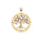 Gold cutout coin features tree of life with leaves of marquis cut Amethyst, Citrine, Peridot, White Sapphire, Pink Tourmaline and Sky Blue Topaz stones. Coin border features star details.
