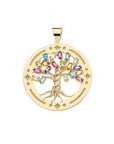 Gold cutout coin features tree of life with leaves of marquis cut Amethyst, Citrine, Peridot, White Sapphire, Pink Tourmaline and Sky Blue Topaz stones. Coin border features star details.