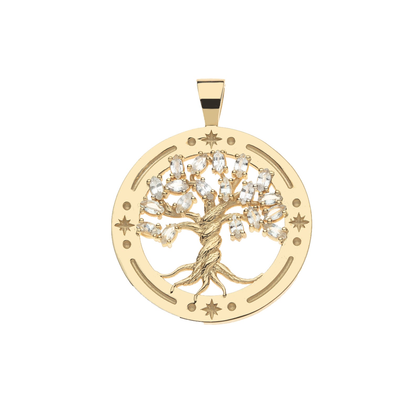 Gold cutout coin features tree of life with leaves of marquis cut White Sapphire stones. Coin border features star details.