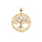 Gold cutout coin features tree of life with leaves of marquis cut White Sapphire stones. Coin border features star details.