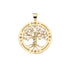Gold cutout coin features tree of life with leaves of marquis cut White Sapphire stones. Coin border features star details.