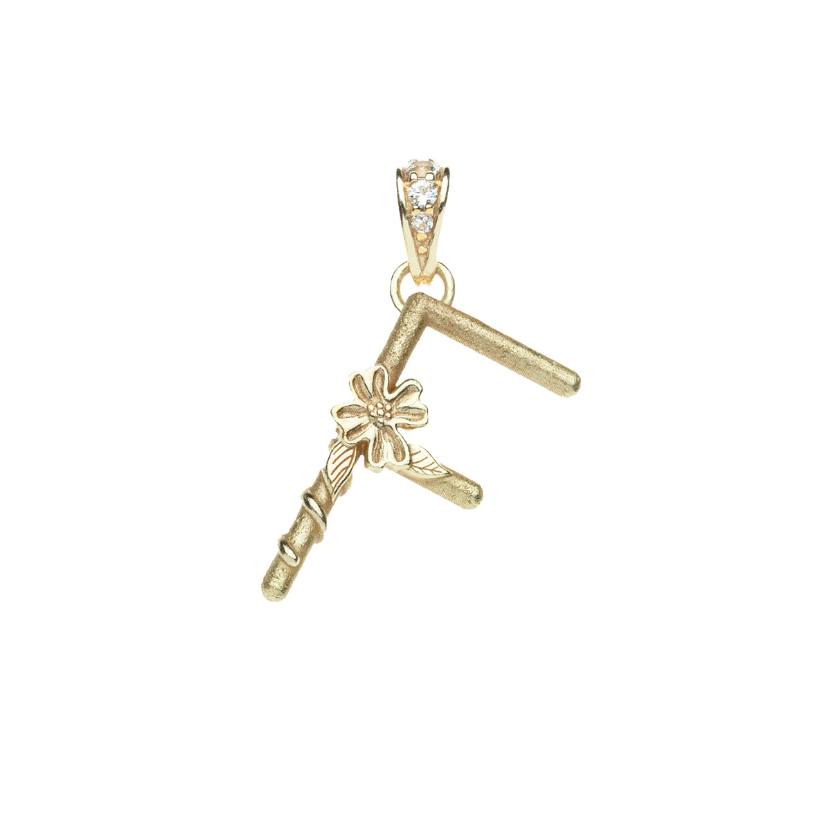 Gold letter F pendant with flower detail and white topaz accents on the bail
