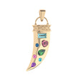 Gold tusk pendant with blue topaz, pink tourmaline, pink sapphire, green tourmaline, and amethyst stones in various shapes