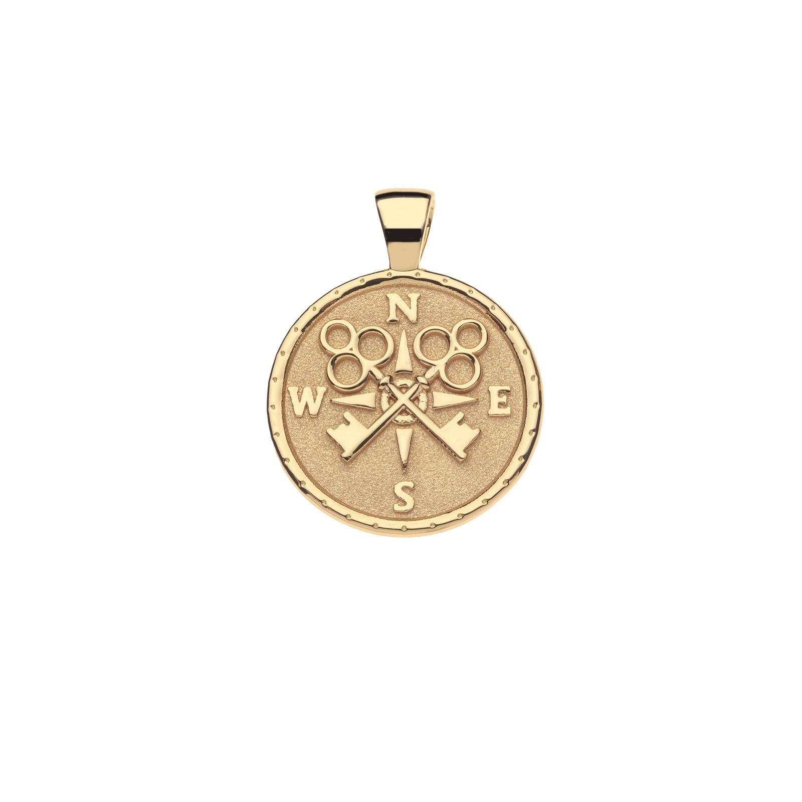 Gold coin pendant with compass design and crossed keys