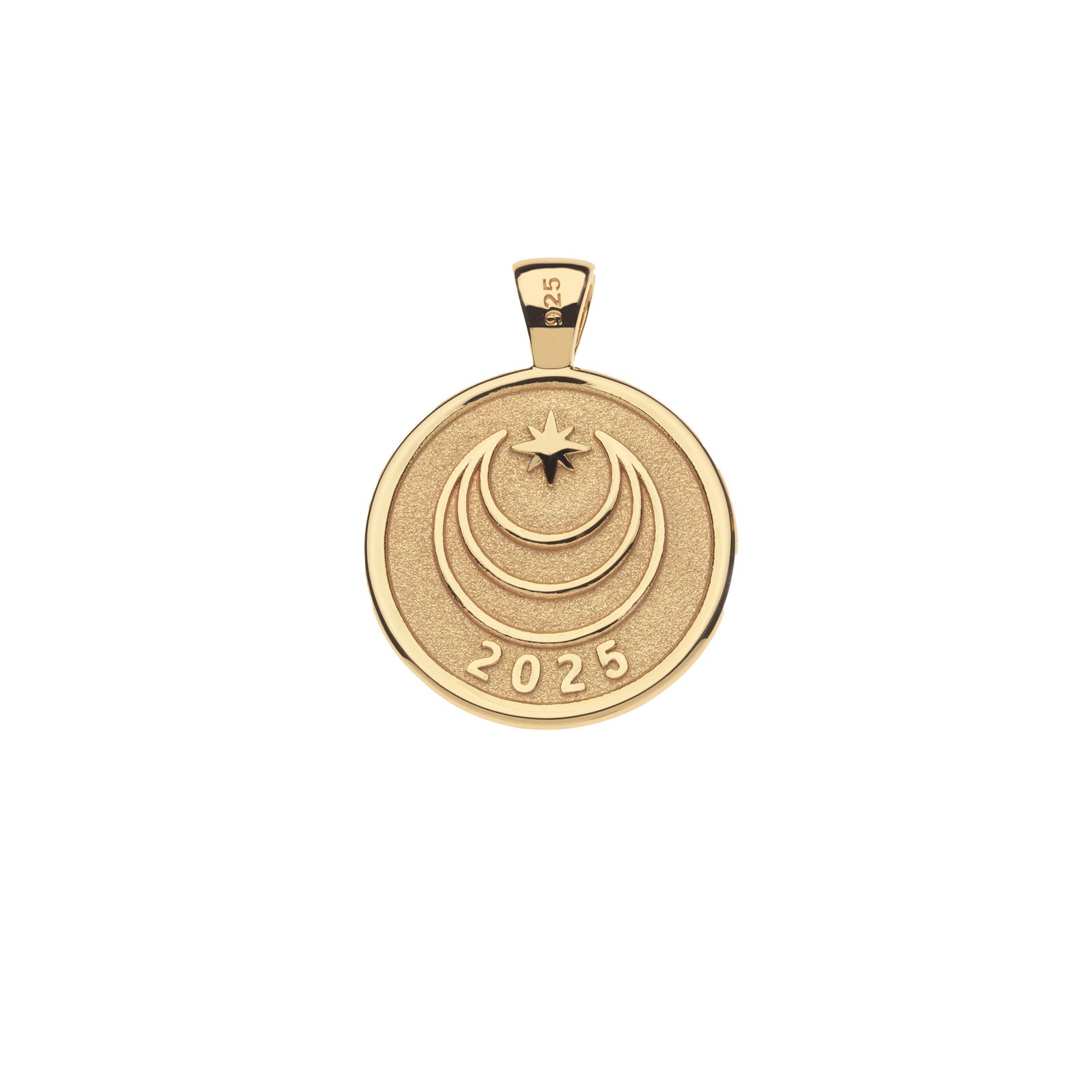 Back of gold coin pendant features moon and star logo and 2025 