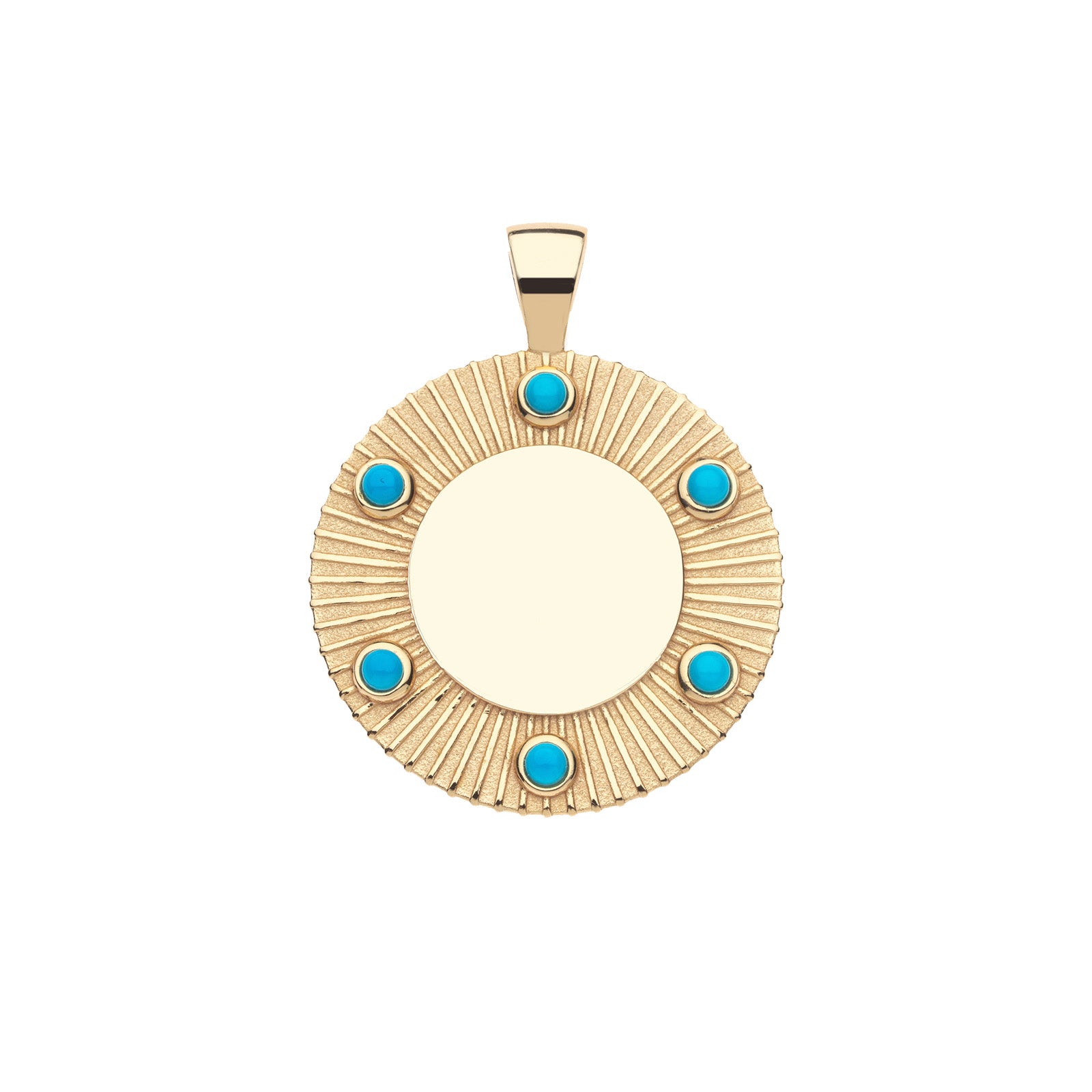 Gold engravable coin pendant with sun ray details along the border as well as 6 turquoise stones