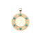 Gold engravable coin pendant with sun ray details along the border as well as 6 turquoise stones