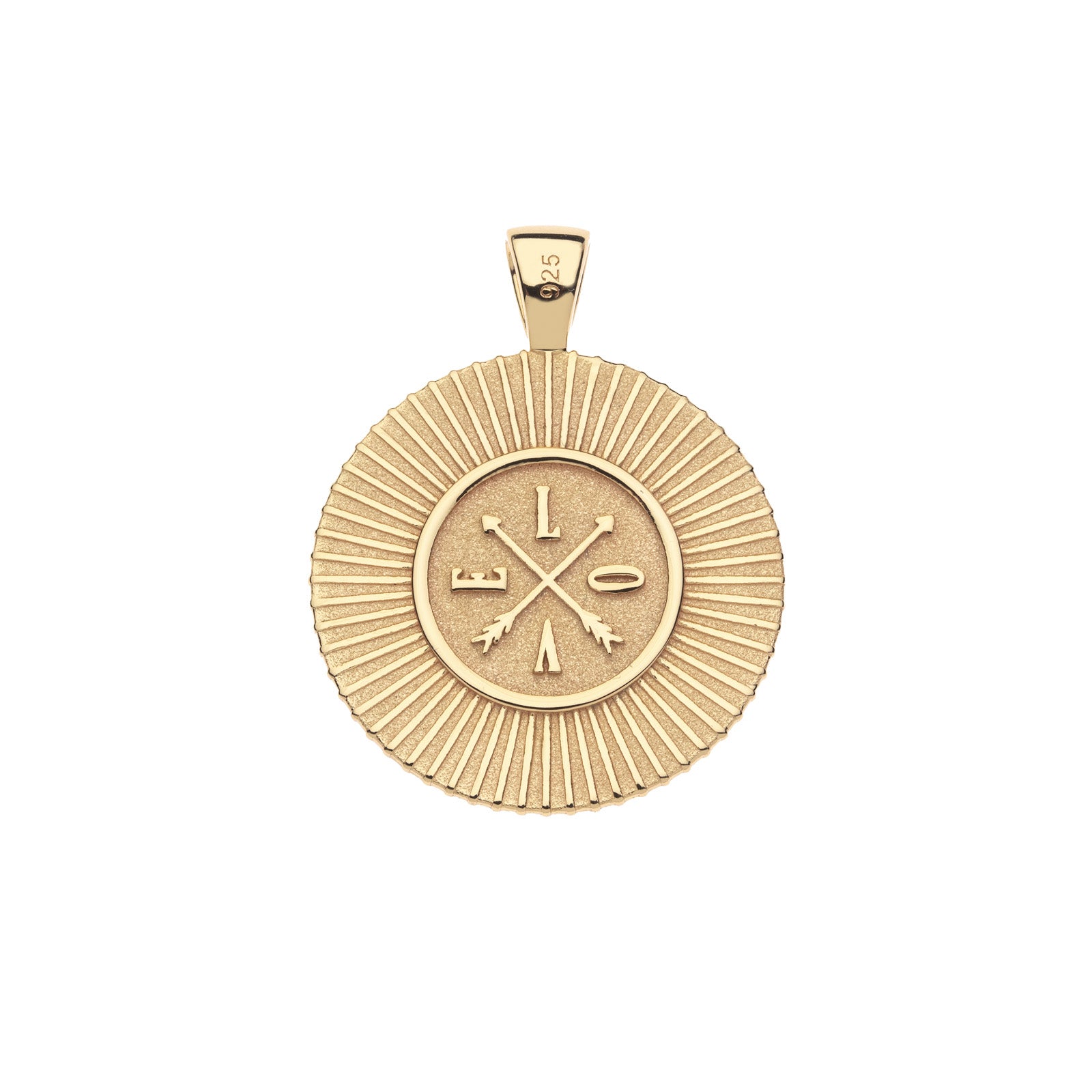 Back of gold engravable coin pendant has sun ray details and the word LOVE with crossed arrows