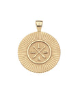 Back of gold engravable coin pendant has sun ray details and the word LOVE with crossed arrows