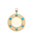 Gold engravable coin pendant with sun ray details along the border as well as 6 turquoise stones