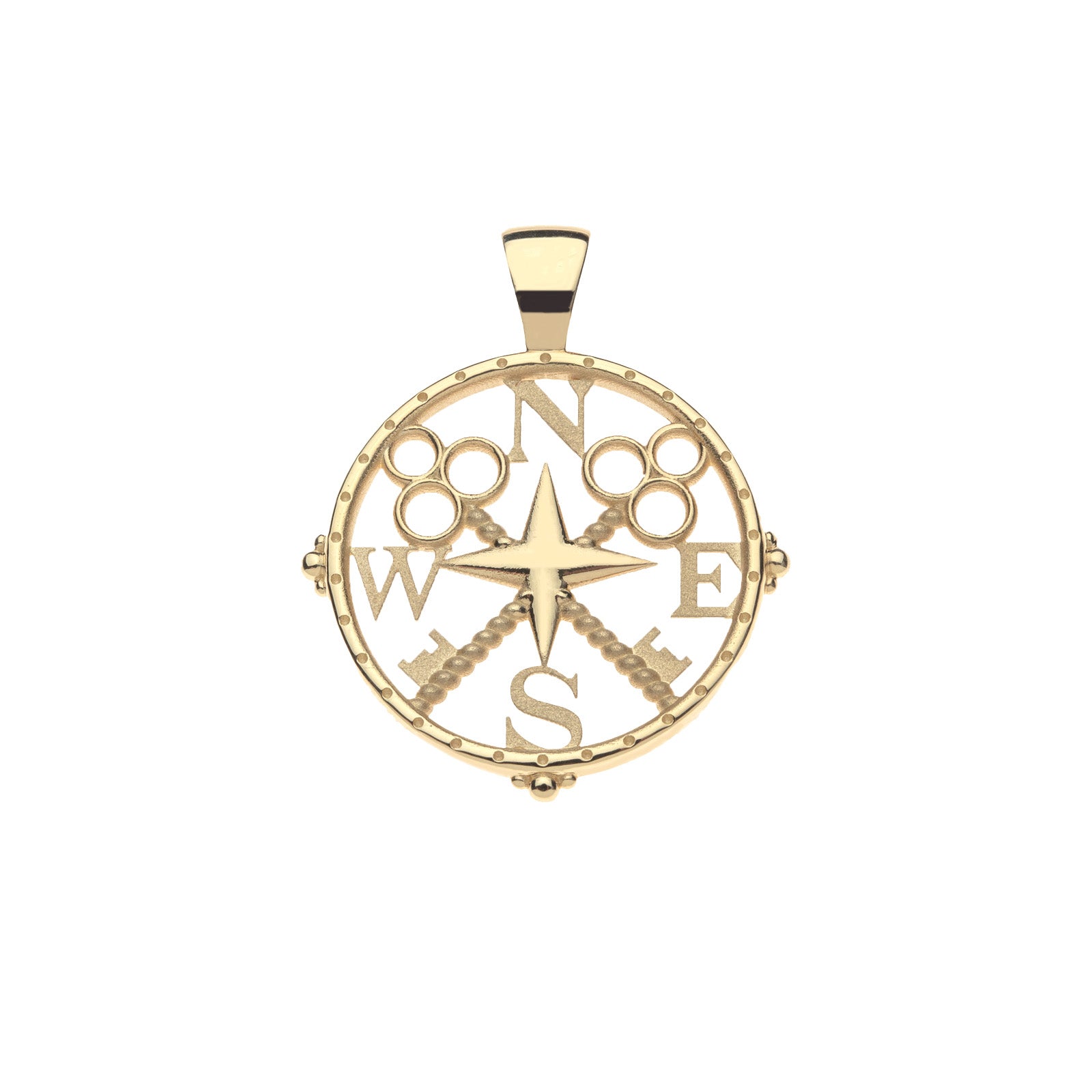 Gold cutout Forever coin pendant features compass design with crossed keys