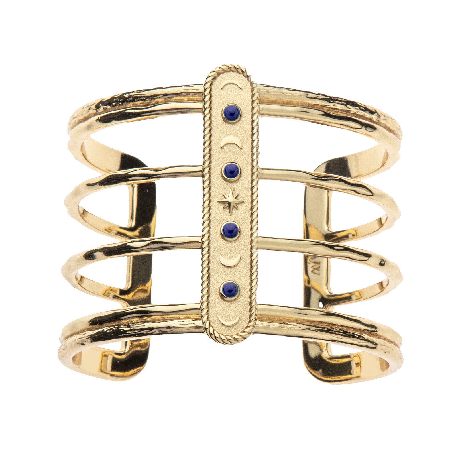 Gold open frame cuff features moon phases design with lapis accents