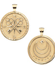 Gold Coin Pendant with Compass and Key Design (front) and moon and star logo with FOREVER underneath (back)