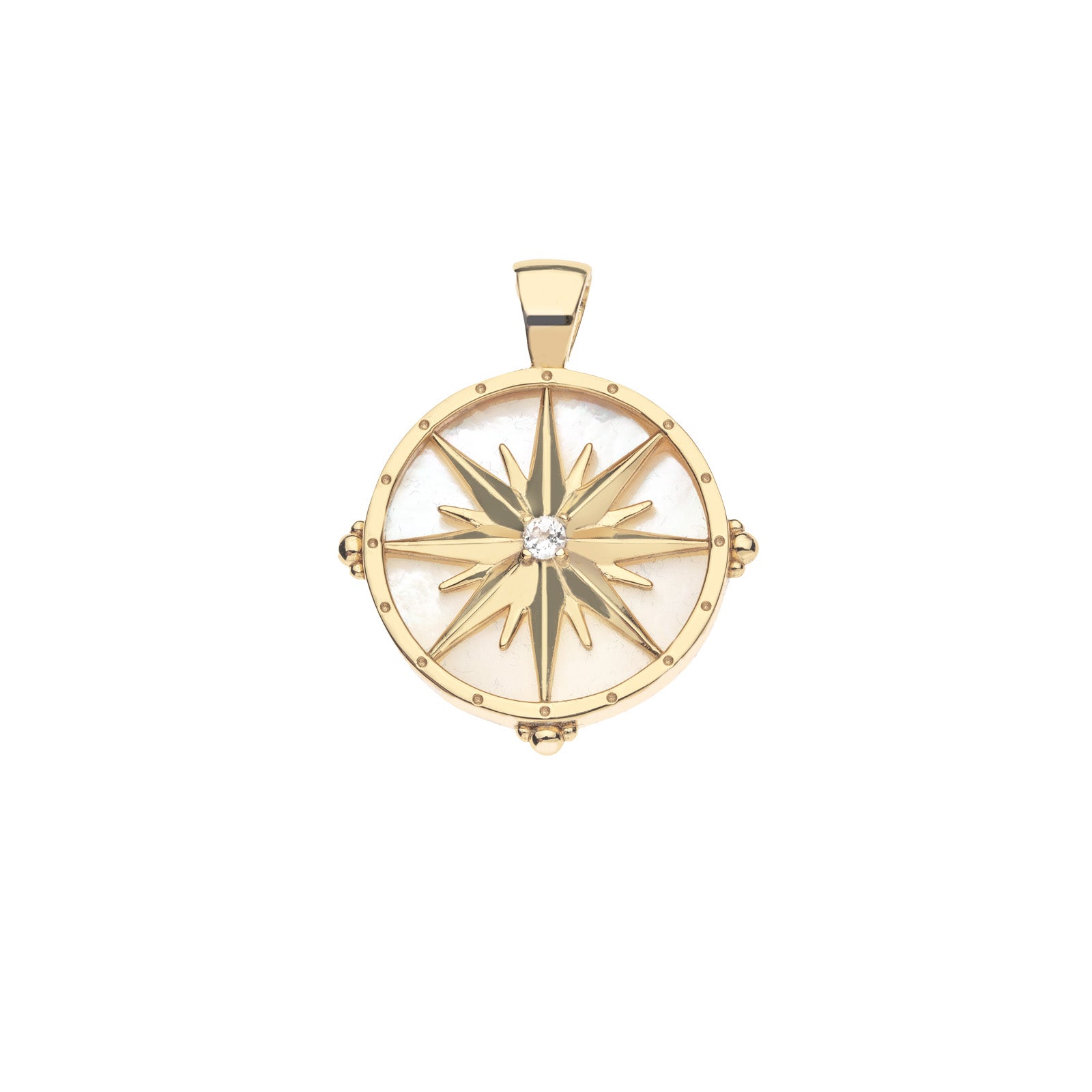 Gold coin pendant with mother of pearl background and 16 point star design with white topaz center stone