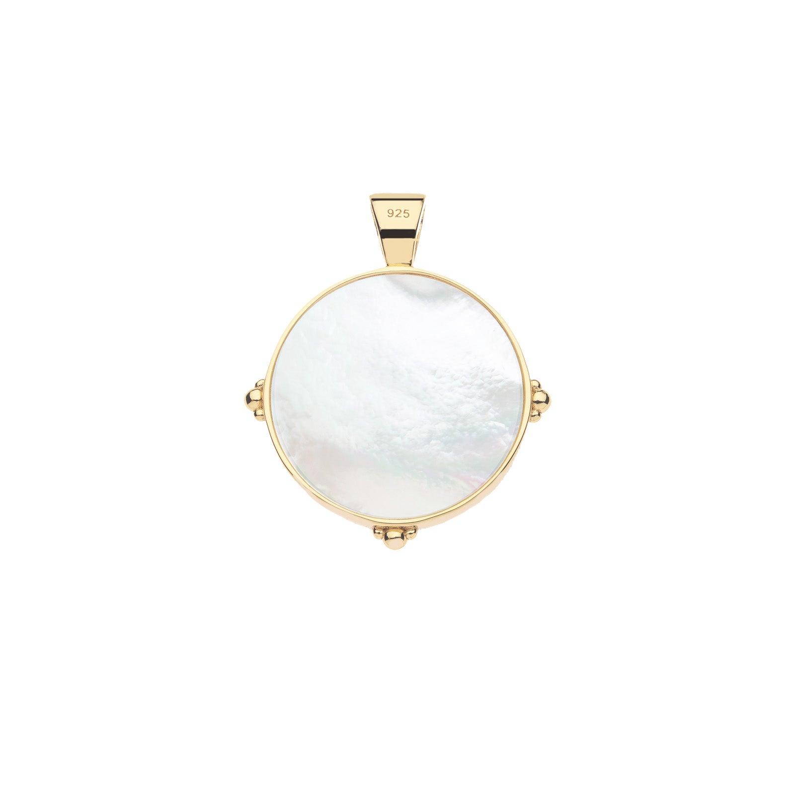 Back of gold coin pendant features mother of pearl face 