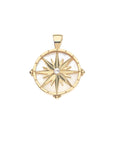 Gold coin pendant with mother of pearl background and 16 point star design with white topaz center stone