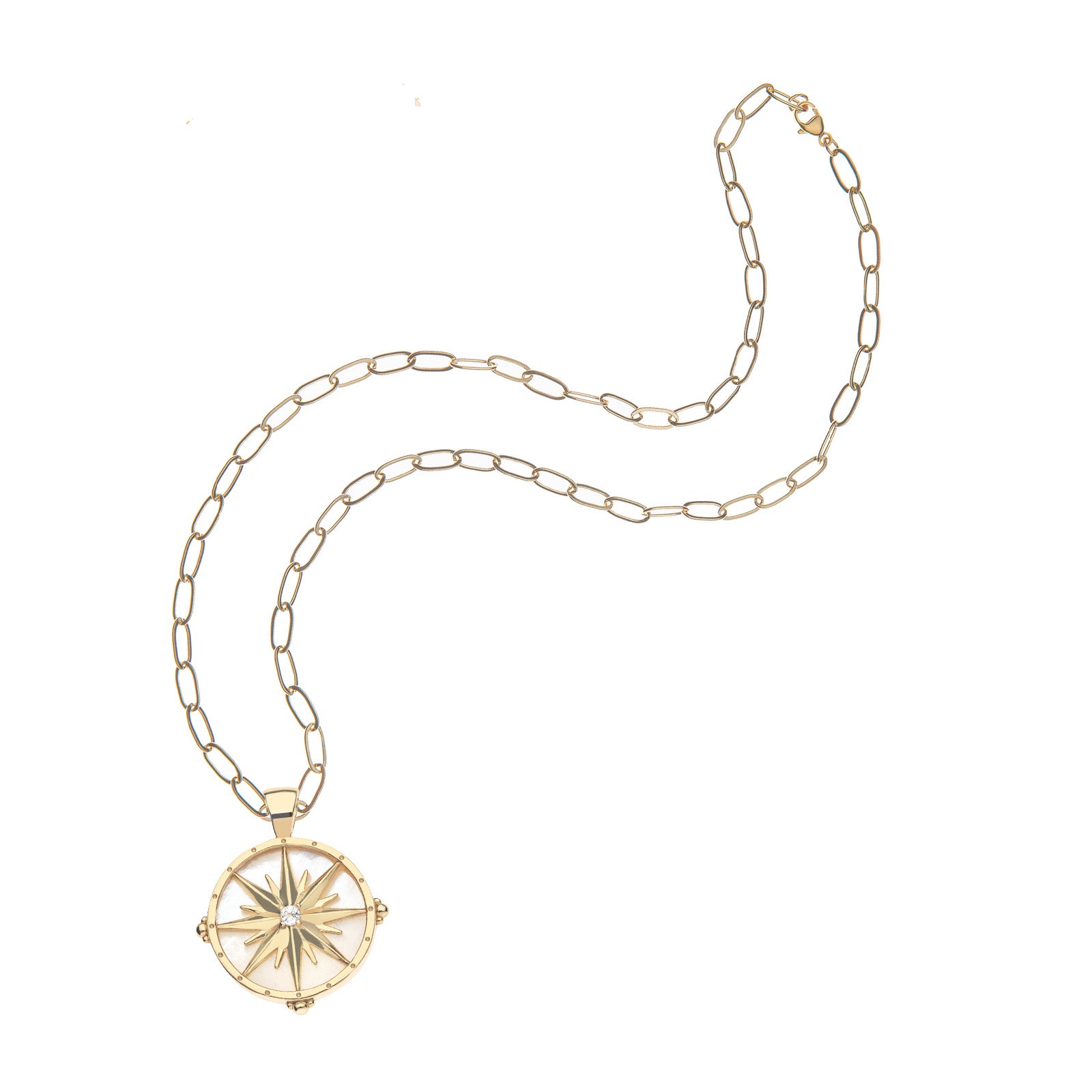 Gold guiding star pendant on drawn link chain