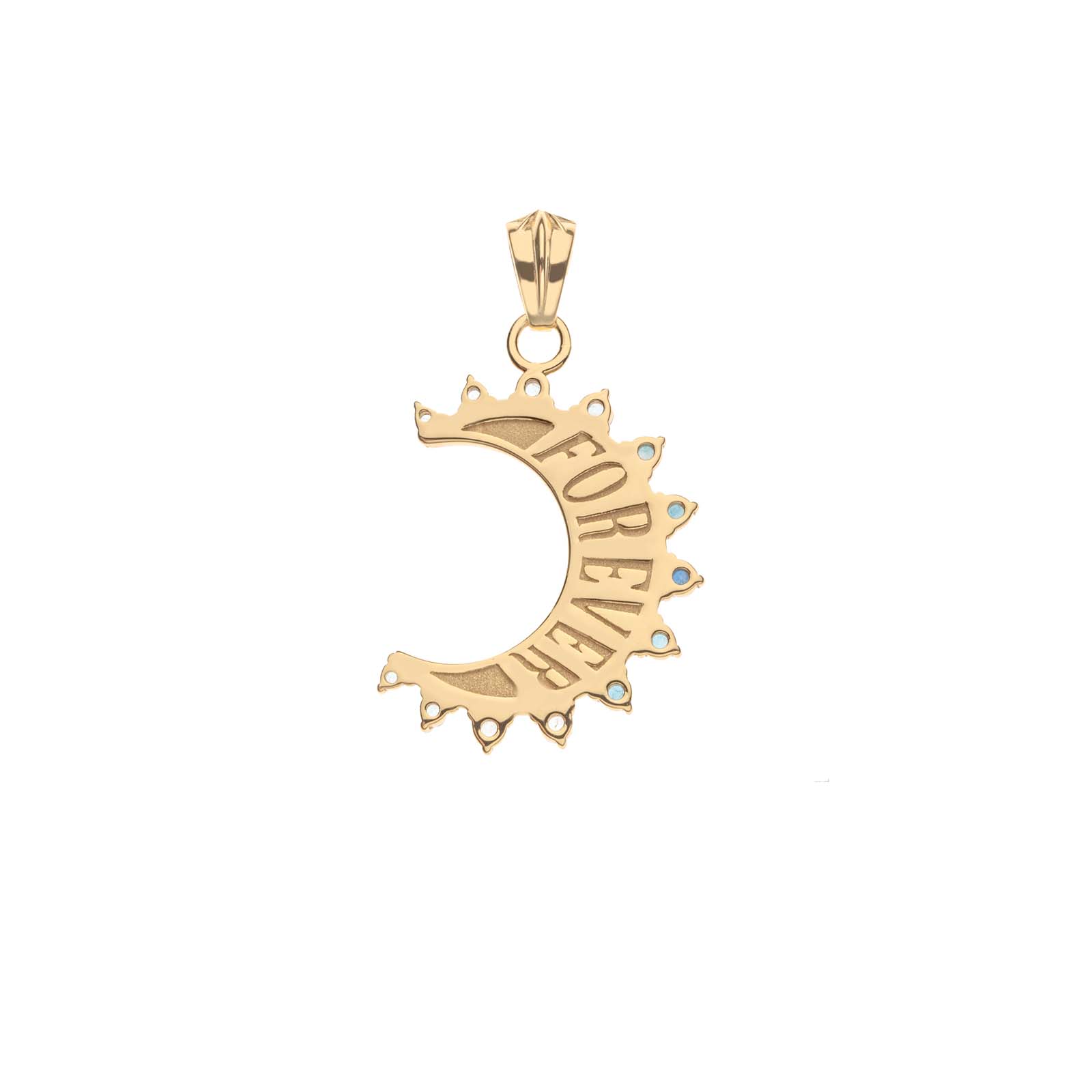 Back of crescent moon pendant shows gold setting and features the word FOREVER