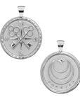 Silver Coin Pendant with Compass and Key Design (front) and moon and star logo with FOREVER underneath (back)