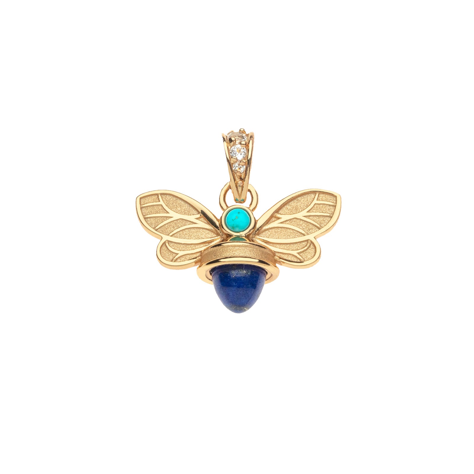 Gold bee pendant accented with lapis and turquoise, as well as white topaz on the bail