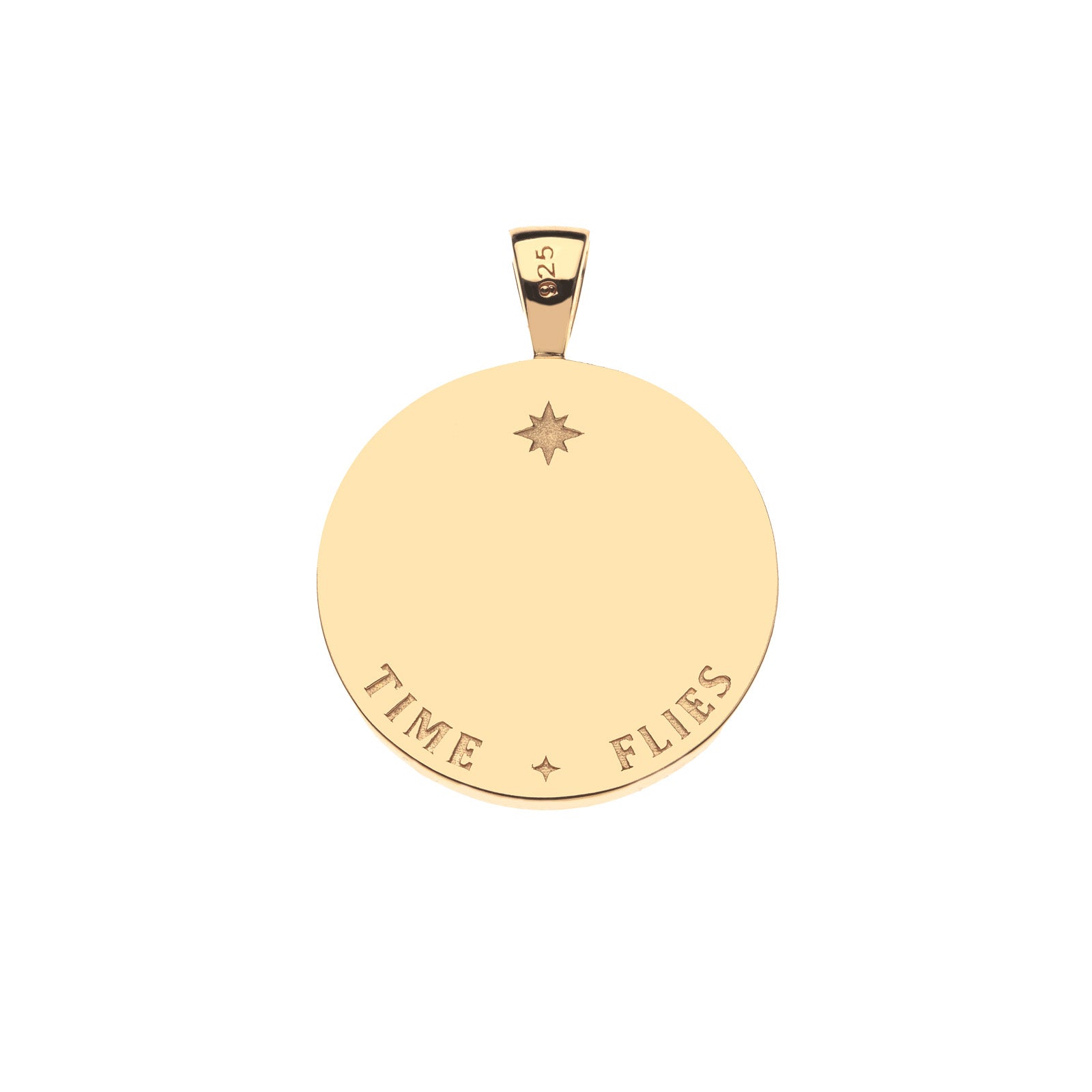 Back of gold carved sundial pendant features star detail and the phrase TIME FLIES 