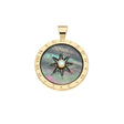Gold and black mother of pearl coin pendant with carved sundial design, white mother of pear; center accent, and roman numeral border 