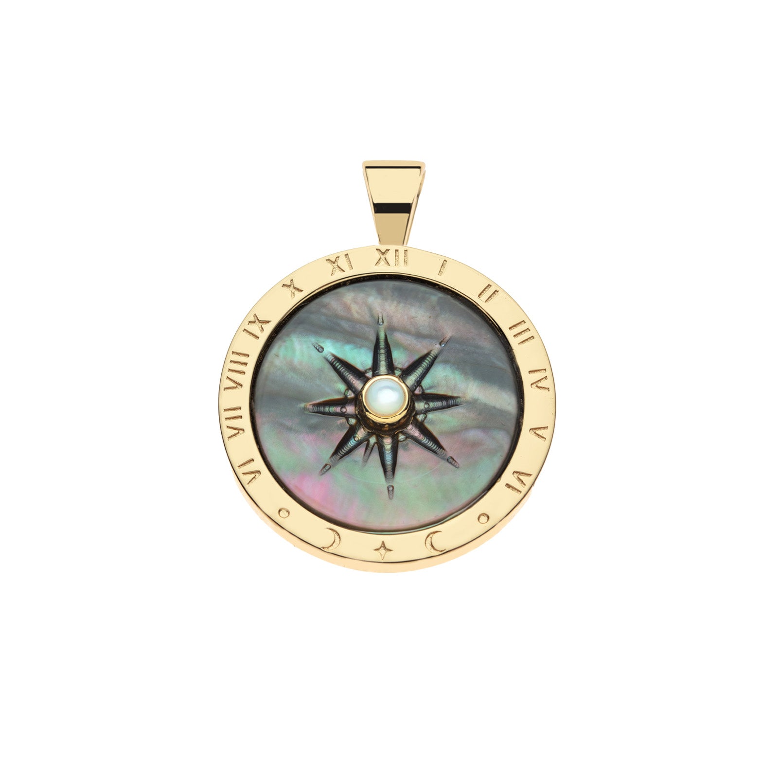 Gold and black mother of pearl coin pendant with carved sundial design, white mother of pear; center accent, and roman numeral border 