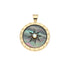 Gold and black mother of pearl coin pendant with carved sundial design, white mother of pear; center accent, and roman numeral border 