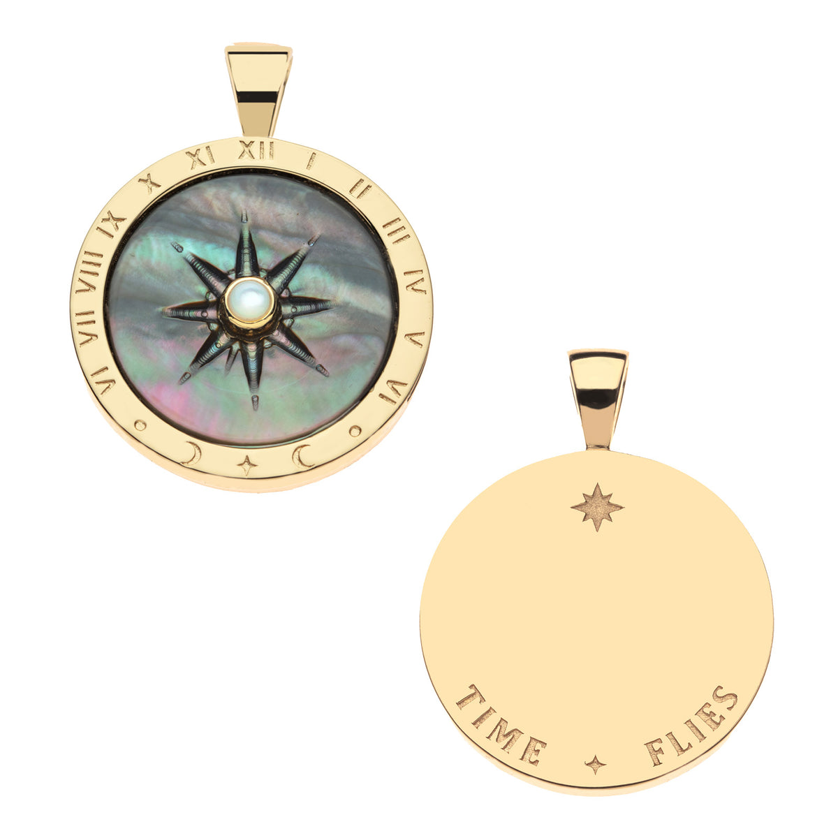 Front and back of forever carved sundial in black mother of pearl. Back of the pendant features the phrase TIME FLIES.