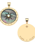 Front and back of forever carved sundial in black mother of pearl. Back of the pendant features the phrase TIME FLIES.