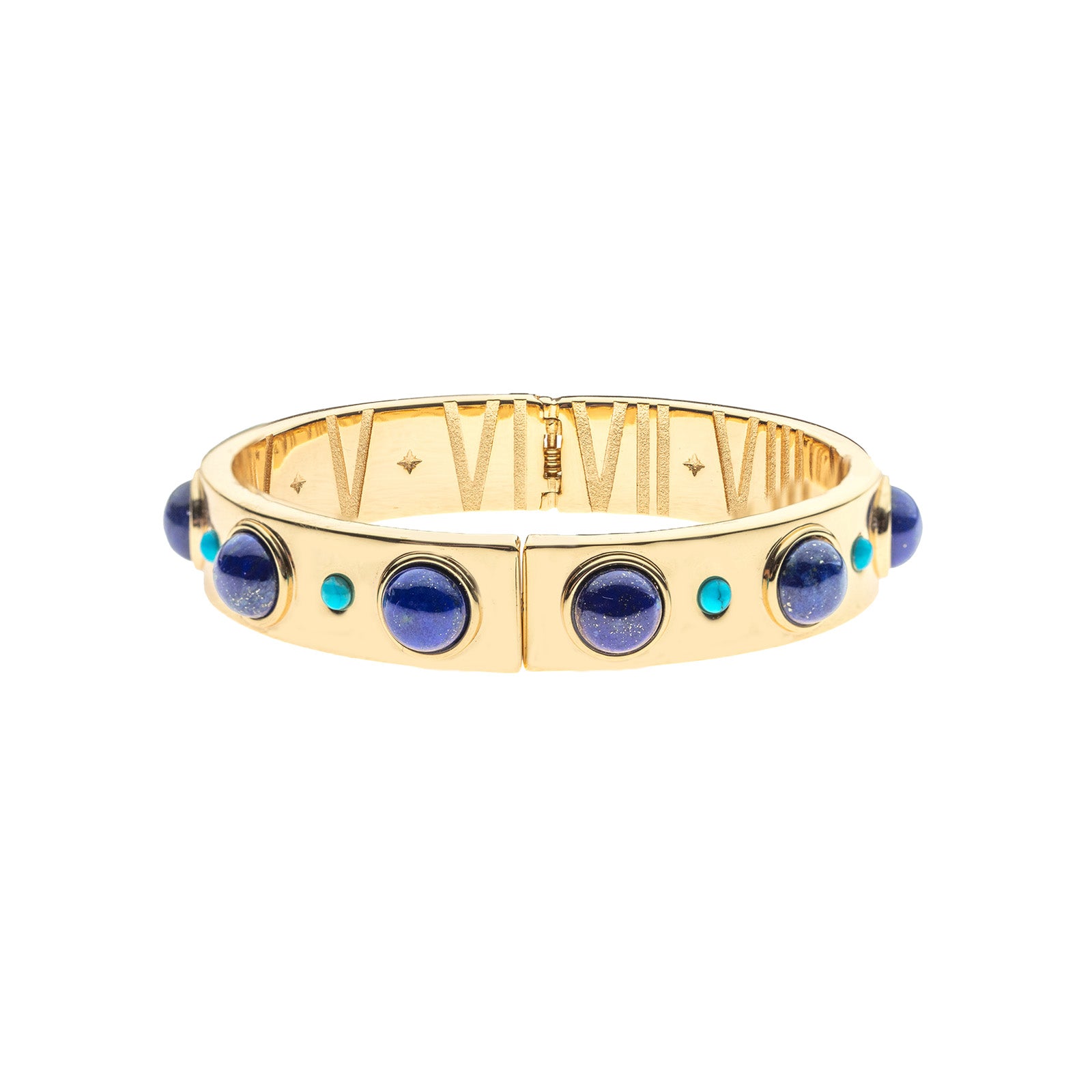Gold hinge cuff bracelet features large lapis cabochons and small turquoise ones on the outside, and then roman numerals with star details inside
