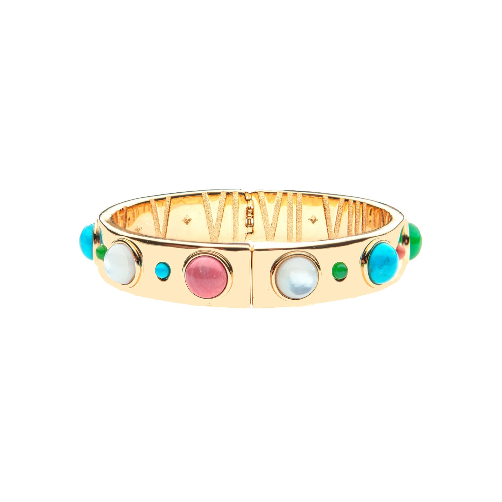 Gold hinged cuff features cabochon stones around the outside of Mother of Pearl, Green Jade, Coral, and Turquoise. Inside of cuff features roman numerals for 1-12